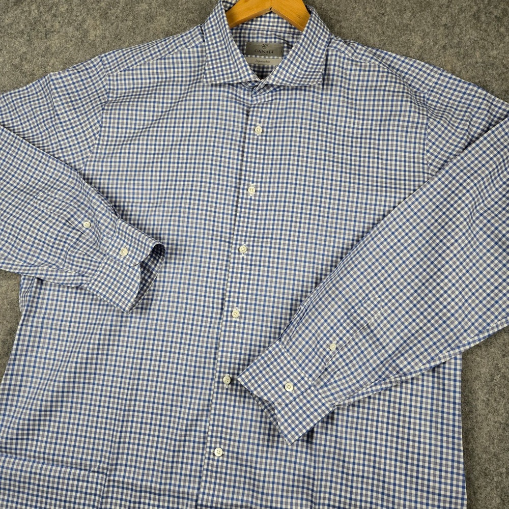 Canali Button Up Shirt Mens 46-18 Blue Impeccabile Gingham Check Italy Luxury